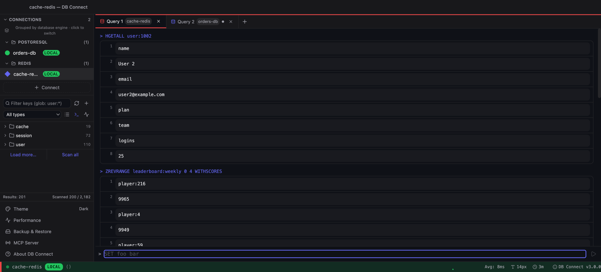 Redis command console showing HGETALL and ZREVRANGE results