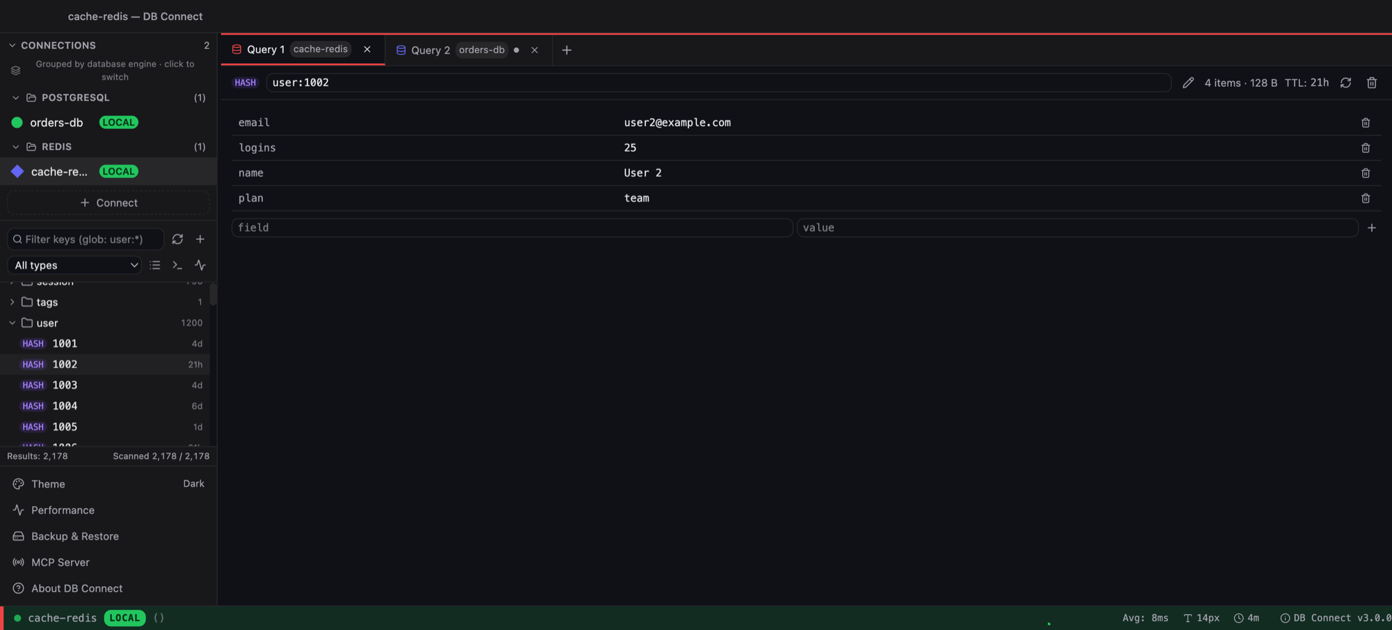 Redis key browser with keys grouped into folders and a hash open for editing